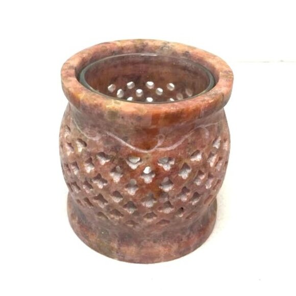 Vtg Soapstone Votive Tea Light Holder w/ Glass Insert Pierced Carved Pink Purple - Picture 2 of 6